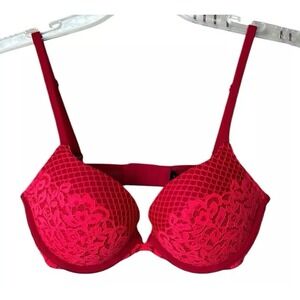 Victoria's Secret Very Sexy Push‎ Up Lace Bra Red 32D Plunge Pigeonnant Floral